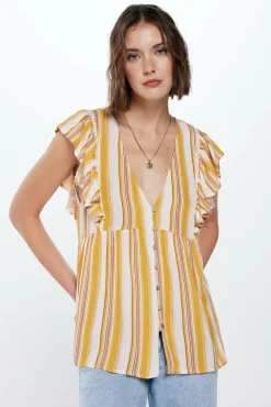 Springfield Blusa Crepe Folhos Riscas estampado Fashion