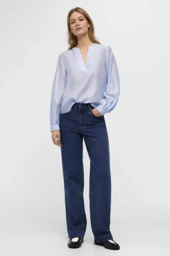 Object Blusa de manga comprida e decote em bico Azul Sale