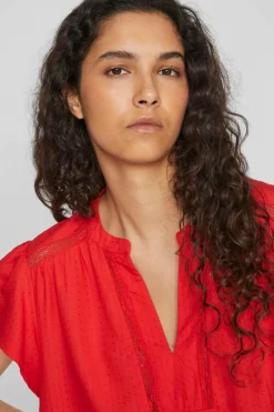 Vila Blusa de manga curta com decote em bico Vermelho Sale
