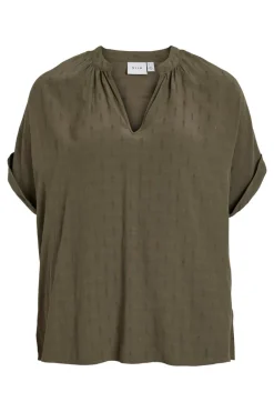 Vila Blusa de manga curta com decote em bico Verde Fashion