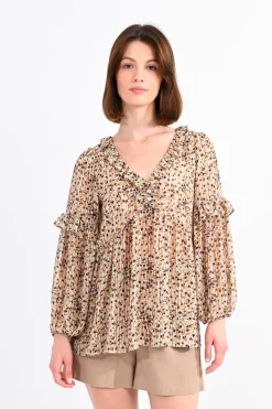 Molly Bracken Blusa de mulher de manga comprida plissada com estampado Tostado Discount