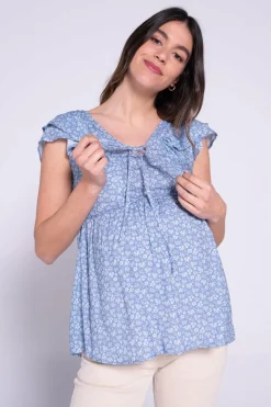 Ohma! Blusa estampada de amamentação com folhos azul Best