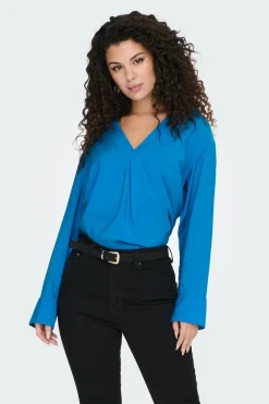 Only Blusa fluida gola em bico azul Hot