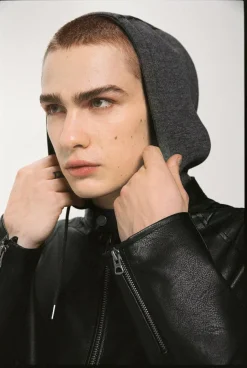 Springfield Blusão efeito pele capuz preto Sale