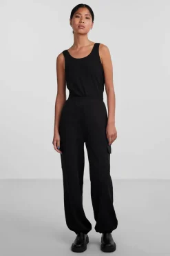 Pieces Calças de mulher cargo com bolsos nas laterais preto Clearance