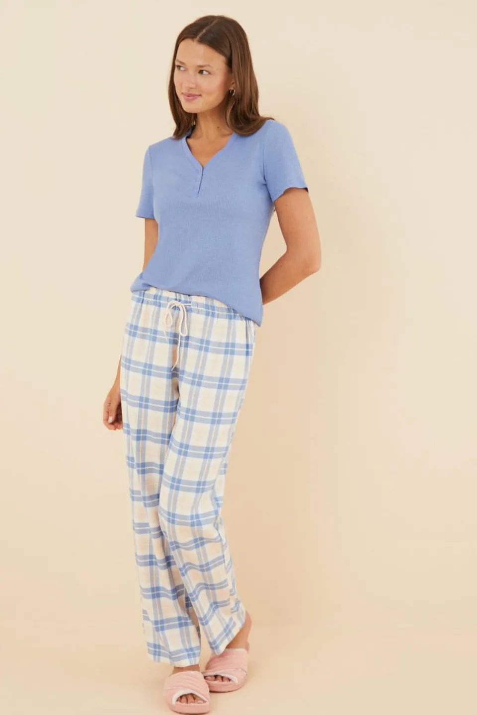 Women'secret Calças em 100% algodão de flanela aos quadrados em telha estampado Fashion