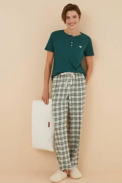 Women'secret Calças pijama xadrez algodão bege estampado New