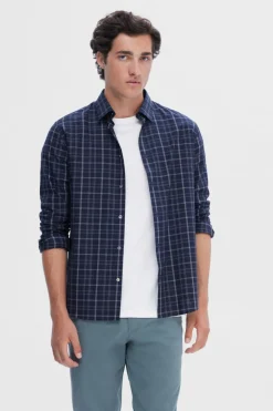 Selected Camisa ao xadrez regular fit de algodão orgânico. Azul Sale