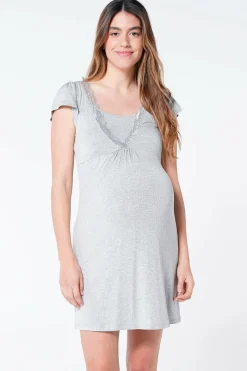 Ohma! Camisa de dormir amamentação de manga curta com bolinhas cinzento Online