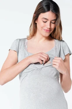 Ohma! Camisa de dormir amamentação de manga curta com bolinhas cinzento Online