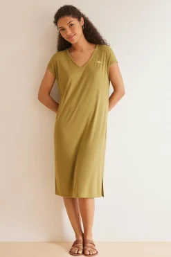 Women'secret Camisa de dormir comprida verde rib bege New