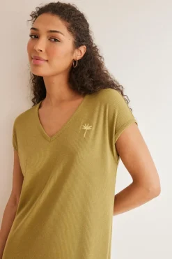 Women'secret Camisa de dormir comprida verde rib bege New