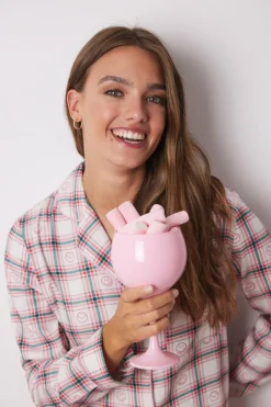 Women'secret Camisa de dormir curta com camisa xadrez sorridente rosa Discount