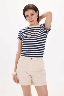Milano Camiseta riscas de manga curta e soft touch com estampado Estampado azul Clearance
