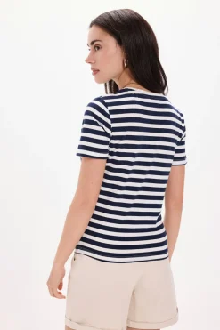 Milano Camiseta riscas de manga curta e soft touch com estampado Estampado azul Clearance