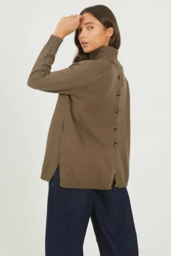 Brave Soul Camisola com botões nas costas Caqui escuro Clearance