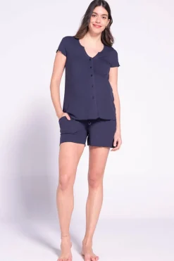 Ohma! Conjunto de roupas caneladas para andar por casa azul Outlet