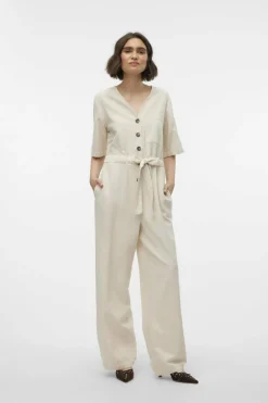 Vero Moda Macacão comprido de linho Castanho Fashion