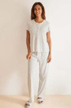 Women'secret Pijama comprido raias b&w bege Best