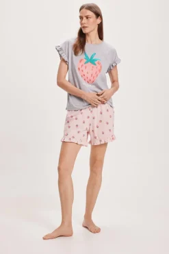 Milano Pijama curto com babados vermelho Fashion
