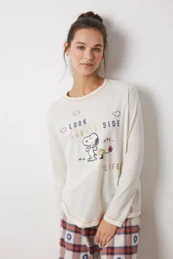 Women'secret Pijama Snoopy longo 100% algodão xadrez cru Discount