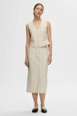 Selected Femme Saia Midi às riscas confecionado com materiais orgânicos e algodão. Cinzento Online