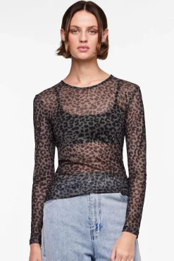 Pieces Top tule de manga comprida e print em leopardo preto Online