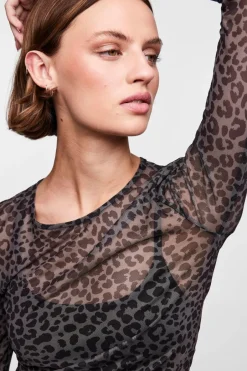 Pieces Top tule de manga comprida e print em leopardo preto Online
