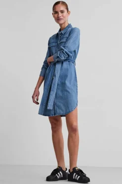 Pieces Vestido camiseiro denim midi azul Outlet