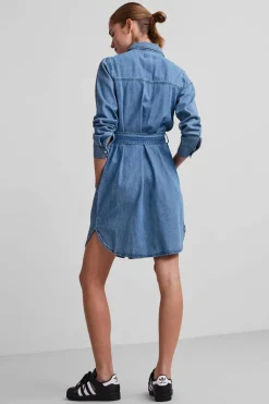 Pieces Vestido camiseiro denim midi azul Outlet