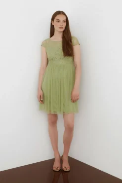 Vila Vestido por curto de tule e renda Verde Discount